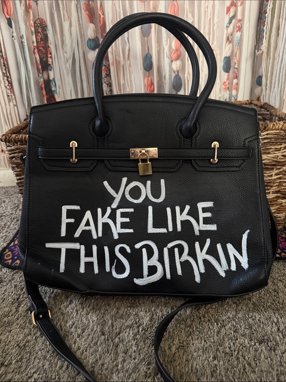 Black leather “YOU FAKE LIKE THIS BIRKIN” Statement Tote Bag  Gold Hardware